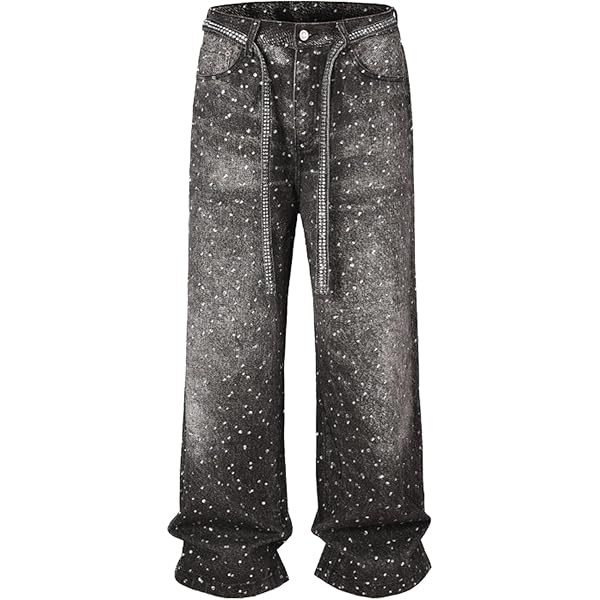 Mens Rhinestone Jeans Vintage Baggy Sparkly Pearl Bling Jeans Chic